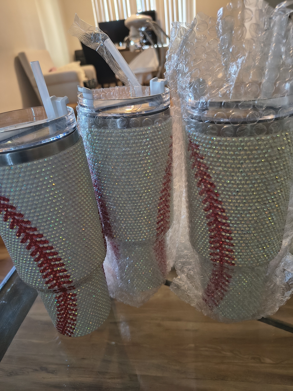 Rhinestone Baseball Tumbler - Sparkling White with Red Stitching